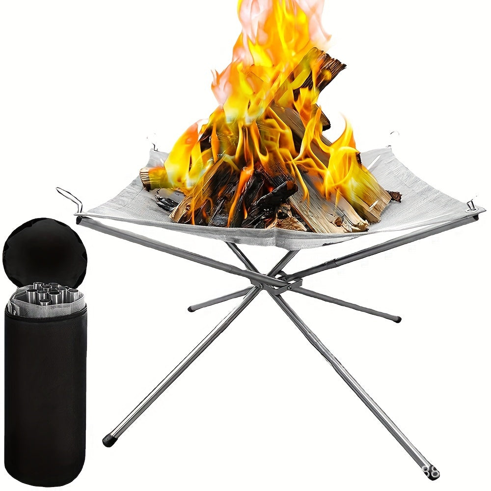 1pc Folding Campfire Rack, Stainless Steel Wood Burning Bonfires Rack Fire Pit With Carrying Bag, Outdoor Camping BBQ Accessories