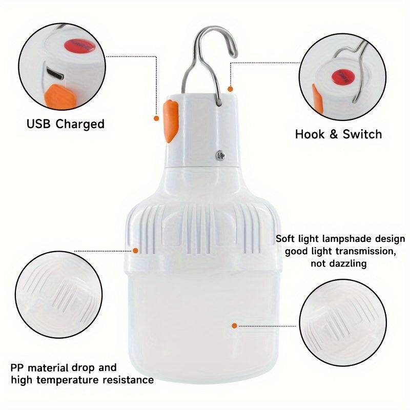 Outdoor USB Rechargeable Flashlight, LED Lamp Bulbs, Portable Lantern Night Lights, High Brightness Light With Hook, For Emergency, Adventure, Camping, Fishing