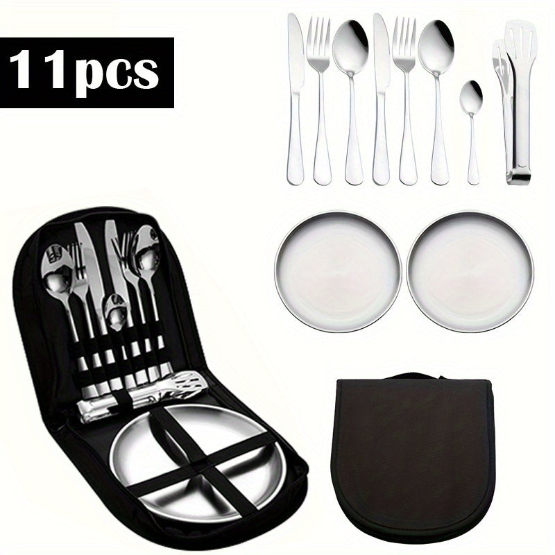 11-Piece Stainless Steel Flatware Set for Camping, Hiking & Outdoor Dining - Polished Finish Portable Cutlery Kit with Plates, Spoons, Forks - Durable Travel Utensil Set for Picnics & Backpacking