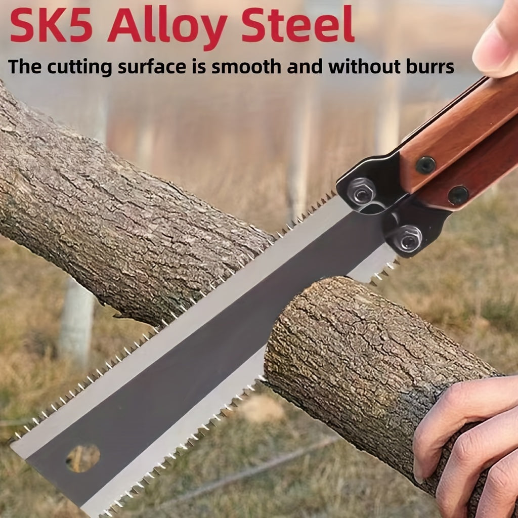 1pc Durable SK5 Steel Folding Saw - Multi-Functional Double-Edge Hand Saw for Woodworking, Chrome Vanadium Alloy, Ergonomic Handle with Safety Lock, Portable Design, Ideal for Solid Wood, Tree Cutting, Board Cutting, Bamboo Cutting, PVC Cutting