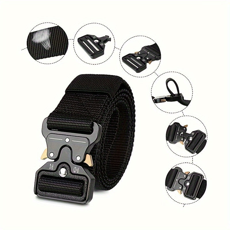 Tactical Belt For Outdoor Sports, Black Nylon Webbing, Durable Quick-Release Metal Buckle, Hiking & Camping Gear Accessory