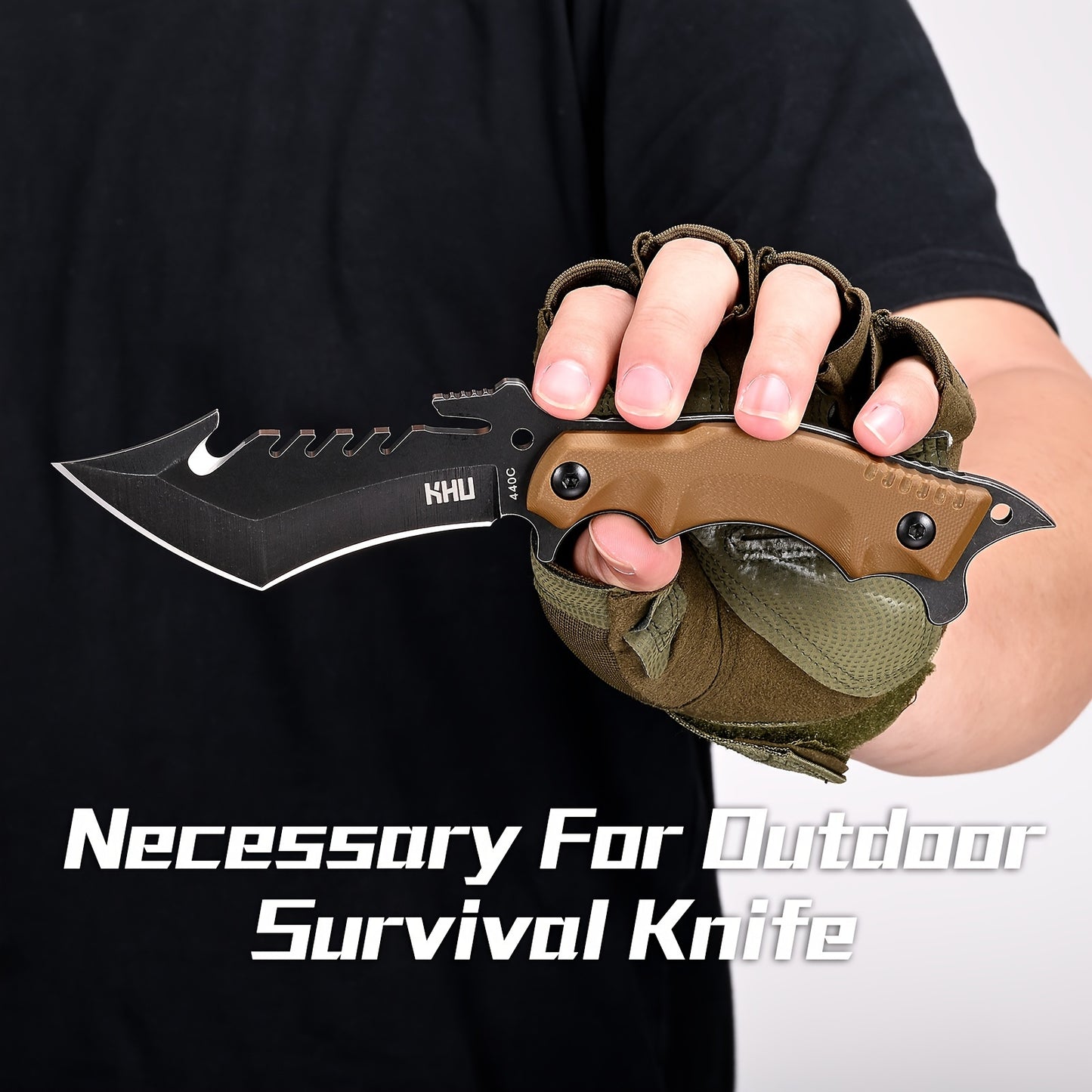 1pc KHU Ambidextrous Fixed Blade Hunting Knife - 440C Stainless Steel, Straight Back Blade, Flat Edge, Lightweight with G10 Handle, Includes Kydex Sheath, Outdoor Camping Gear