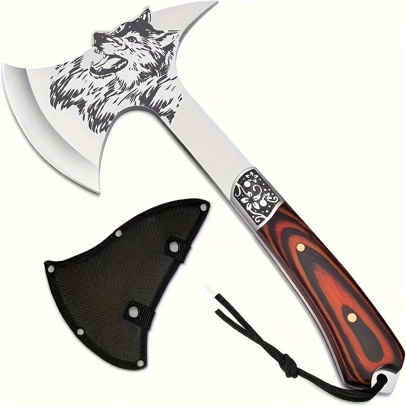 Stainless Steel Camping Axe with Nylon Sheath - Perfect for Wood Splitting, Hiking & Survival | Includes Gift Box | Non-Slip Shockproof Wooden Handle
