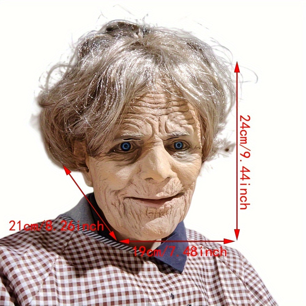 Realistic Elderly Woman Latex Mask - Full Head, Hand-Painted Old Granny Costume for Cosplay & Halloween Parties