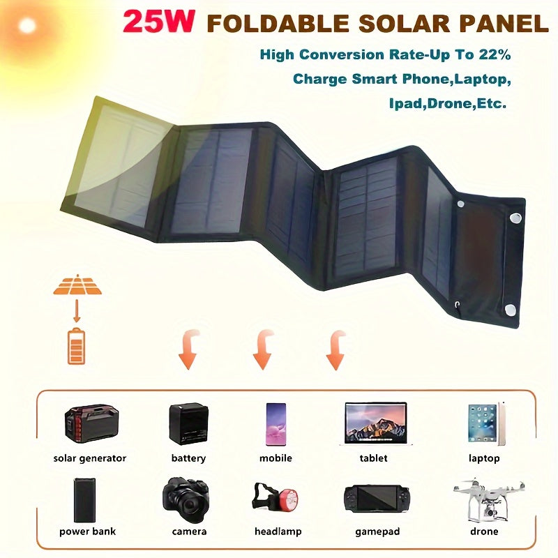 1pc 25W Portable Folding Solar Panel Charger, Monocrystalline Silicon, USB Interface, High Conversion Rate 22%, 3-in-1 Fast Charging Cable, Ideal for RV, Phone, Outdoor Camping & Hiking Emergency Charging, Magnetic Material, USB Powered (No Battery)