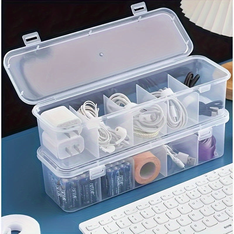 A large capacity transparent storage box with 5 compartments, clear plastic organizer box, used for cables, batteries, obvious separation, suitable for schools, bedrooms, offices, dormitories, suitable for storage