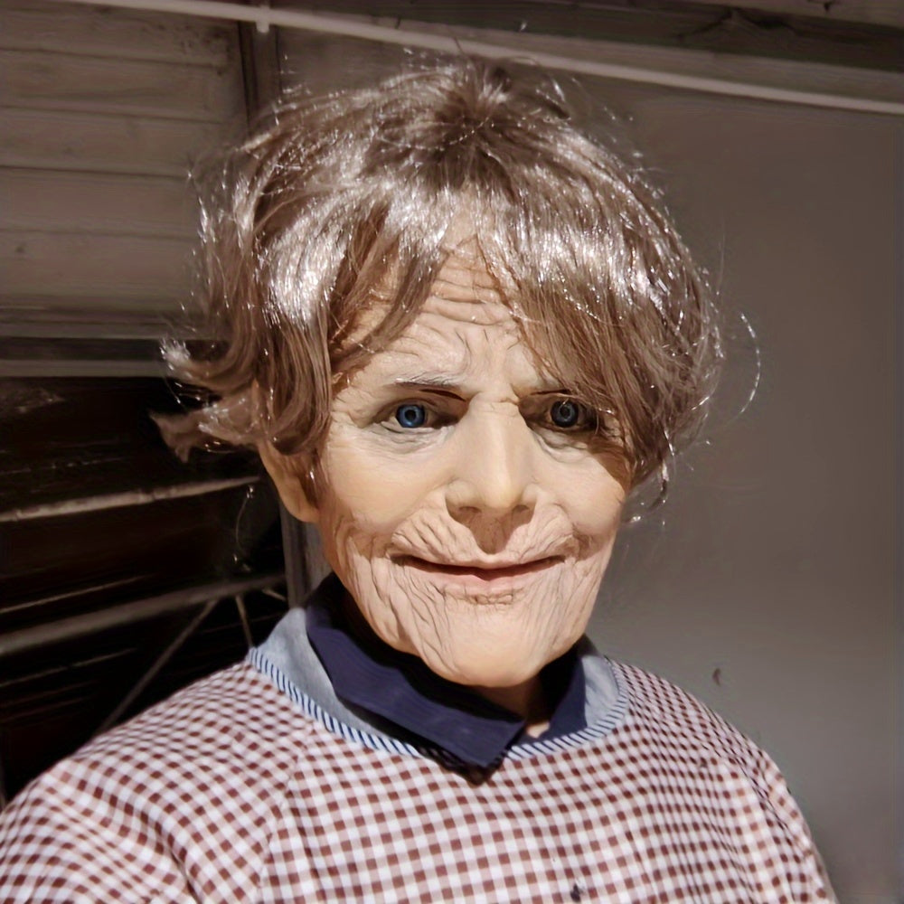 Realistic Elderly Woman Latex Mask - Full Head, Hand-Painted Old Granny Costume for Cosplay & Halloween Parties
