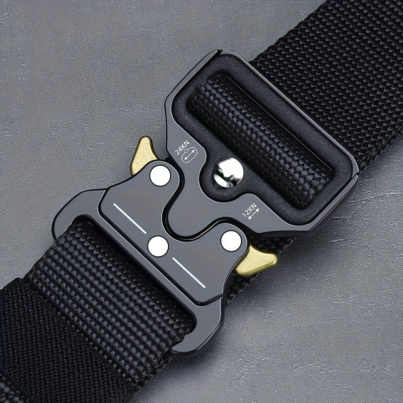 Tactical Belt For Outdoor Sports, Black Nylon Webbing, Durable Quick-Release Metal Buckle, Hiking & Camping Gear Accessory