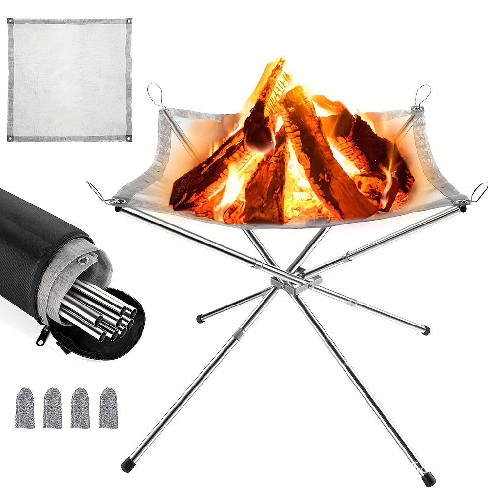 1pc Folding Campfire Rack, Stainless Steel Wood Burning Bonfires Rack Fire Pit With Carrying Bag, Outdoor Camping BBQ Accessories