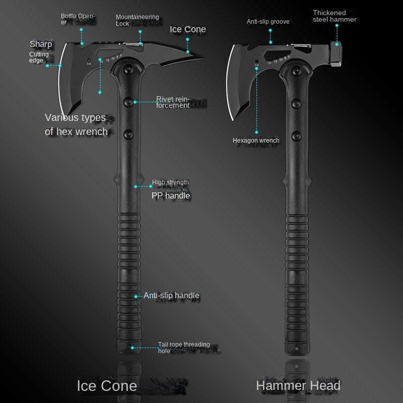 Tactical Camping Axe, Multi-Functional Survival Tool, Carbon Steel, Flat Blade, Outdoor Adventure Ax, No Magnesium Striker, for Hiking, Camping, Firefighting