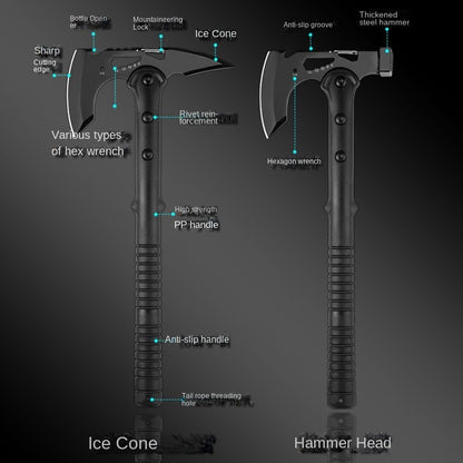 Tactical Camping Axe, Multi-Functional Survival Tool, Carbon Steel, Flat Blade, Outdoor Adventure Ax, No Magnesium Striker, for Hiking, Camping, Firefighting
