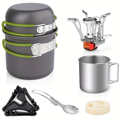 Portable Camping Cookware Set with Foldable Stainless Steel Spork and Stove Stand - Non-Toxic Anodized Aluminum Alloy Outdoor Cooking Gear for 1-2 Persons - Universal Applicability, Lightweight Design for Hiking and Backpacking