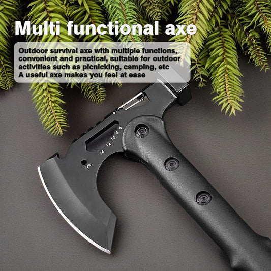 1pc Tungsten Steel Multi-Functional Axe - Outdoor Survival Hatchet with Flat Blade Edge, Sharp Quenching Treatment, Portable Camping Tactical Axe with Ice Pick, Hammer, and Hex Wrench - Durable PP Handle, Anti-Slip Grip