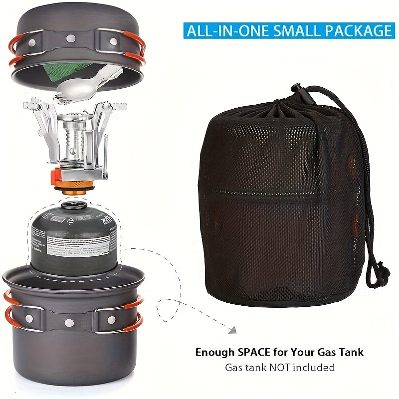 6pcs Portable Aluminum Alloy Camping Cookware Set - Compact Outdoor Cooking Gear with Lightweight Pot, Stove, Spoon, Transport Mesh Bag - Ideal for Backpack Hiking, Picnic | Uncharged Stainless Steel Equipment without Magnesium Rod/Flint