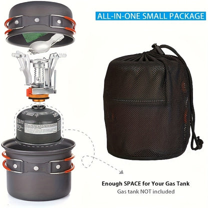6pcs Portable Aluminum Alloy Camping Cookware Set - Compact Outdoor Cooking Gear with Lightweight Pot, Stove, Spoon, Transport Mesh Bag - Ideal for Backpack Hiking, Picnic | Uncharged Stainless Steel Equipment without Magnesium Rod/Flint