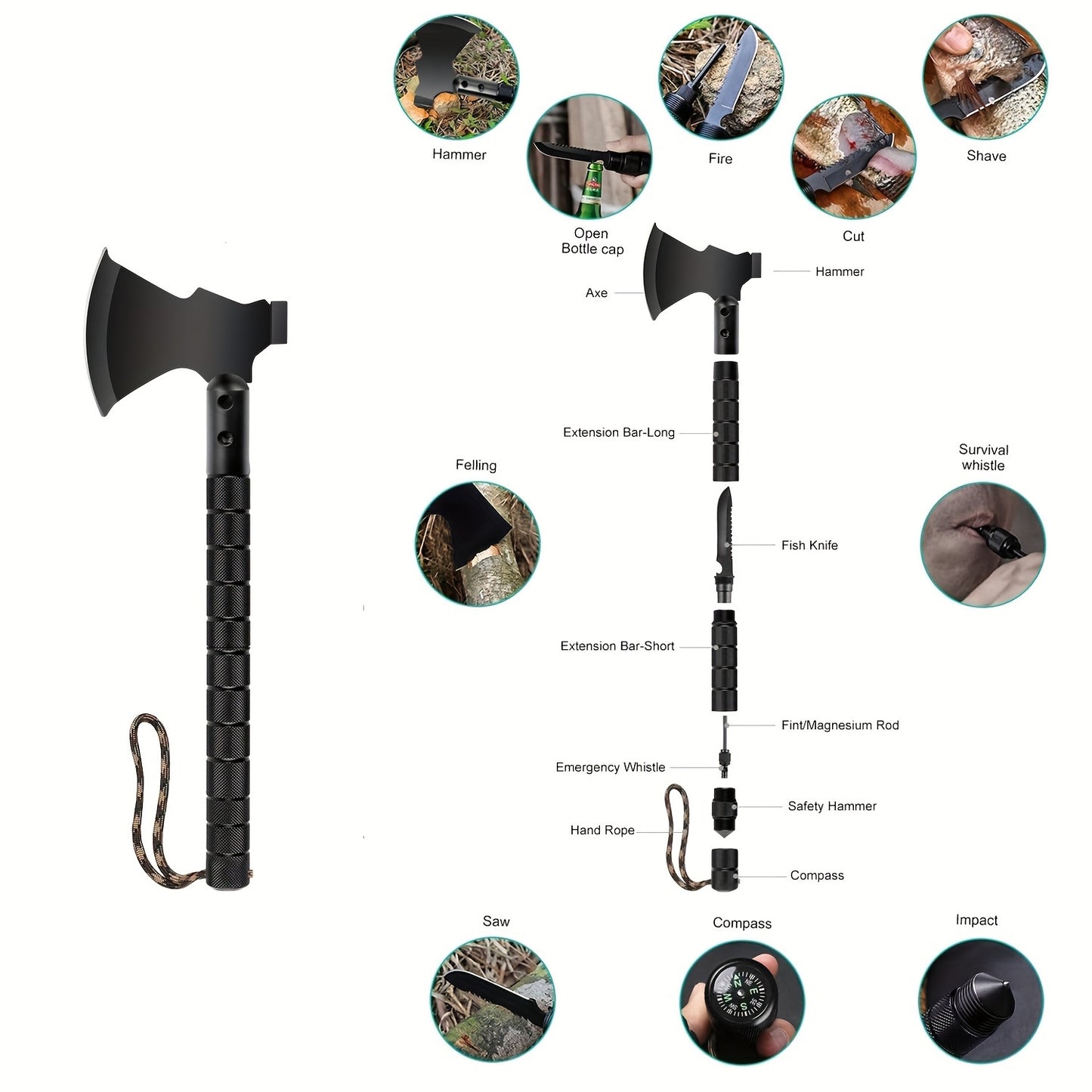 Ultimate Survival Axe Kit - Stainless Steel, Multi-Tool with Hammer & Sheath for Camping, Off-Roading & Outdoor Adventures - Includes Magnesium Fire Starter & Flint