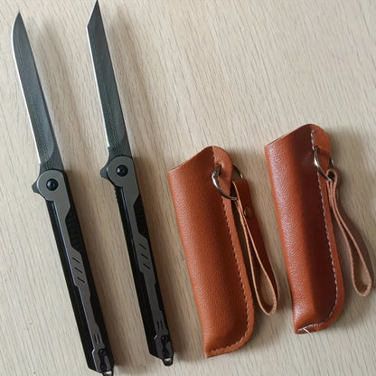 2pcs Stainless Steel Folding Knives with Faux Leather Sheath - Lightweight, V-Edge Blade for Camping & Outdoor Adventures