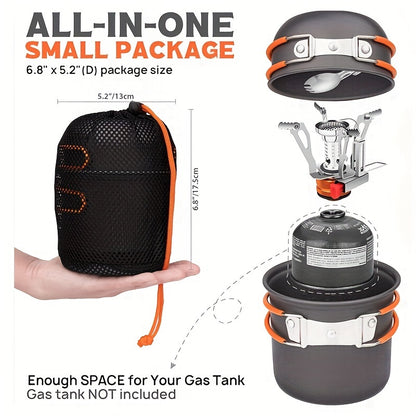 Portable Camping Cookware Set with Foldable Stainless Steel Spork and Stove Stand - Non-Toxic Anodized Aluminum Alloy Outdoor Cooking Gear for 1-2 Persons - Universal Applicability, Lightweight Design for Hiking and Backpacking