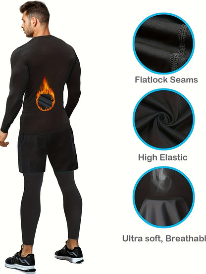 HOPLYNN Men'S Thermal Long Sleeve Shirt - Moisture Wicking Crew Neck Top with 24h Warmth, Polyester 85% Spandex 15%, Knit Fabric, Medium Stretch, Solid Color, Skinny Fit for Jogging, Cycling, Football, Skiing, Motorcycle