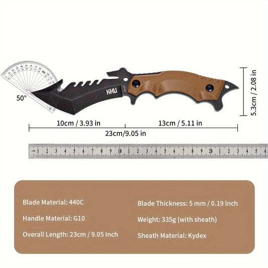 1pc KHU Ambidextrous Fixed Blade Hunting Knife - 440C Stainless Steel, Straight Back Blade, Flat Edge, Lightweight with G10 Handle, Includes Kydex Sheath, Outdoor Camping Gear
