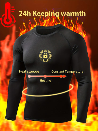 HOPLYNN Men'S Thermal Long Sleeve Shirt - Moisture Wicking Crew Neck Top with 24h Warmth, Polyester 85% Spandex 15%, Knit Fabric, Medium Stretch, Solid Color, Skinny Fit for Jogging, Cycling, Football, Skiing, Motorcycle
